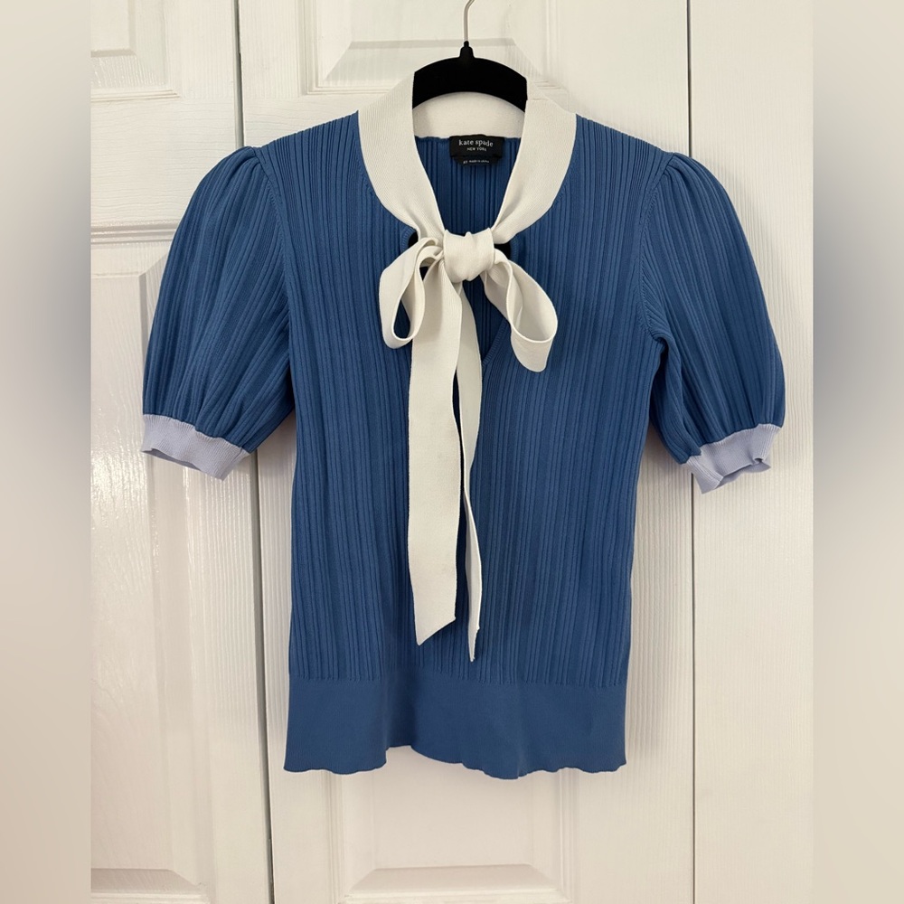 Kate Spade Blue Color-block Bow Neck Sweater